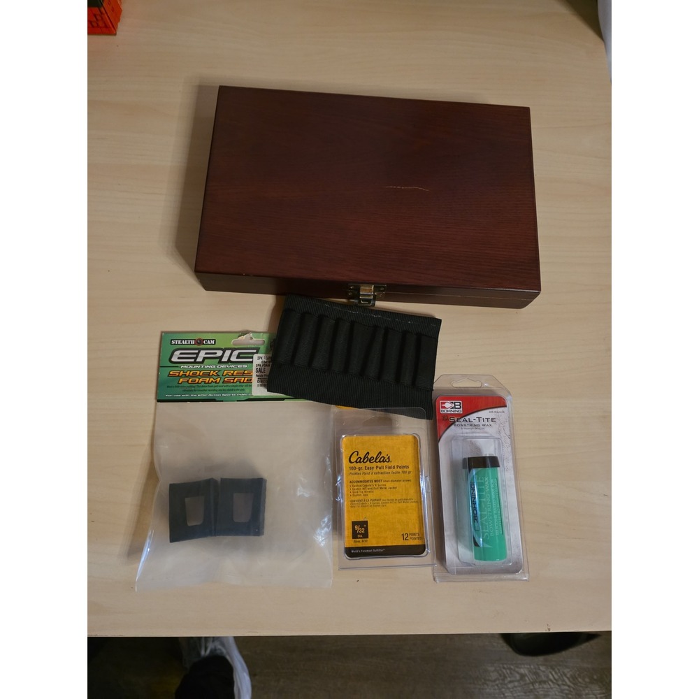 Compound Bow Archery Lot: Wooden Box, Field Points, Wax, Saddles